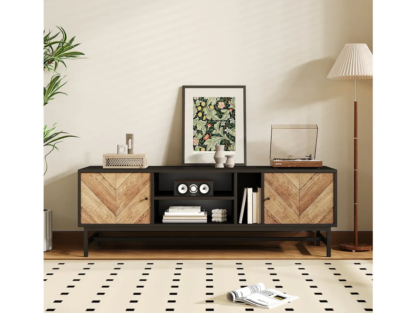 Móvel TV 150 cm com 2 portas e 3 compartimentos - Aglomerado e metal - Preto e cor natural