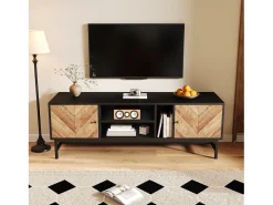 Móvel TV 150 cm com 2 portas e 3 compartimentos - Aglomerado e metal - Preto e cor natural