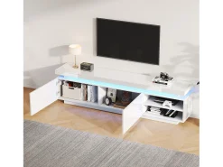 Móvel TV 170 cm com 2 portas e 2 prateleiras - LEDs - Aglomerado - Branco brilhante