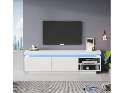 Móvel TV 170 cm com 2 portas e 2 prateleiras - LEDs - Aglomerado - Branco brilhante