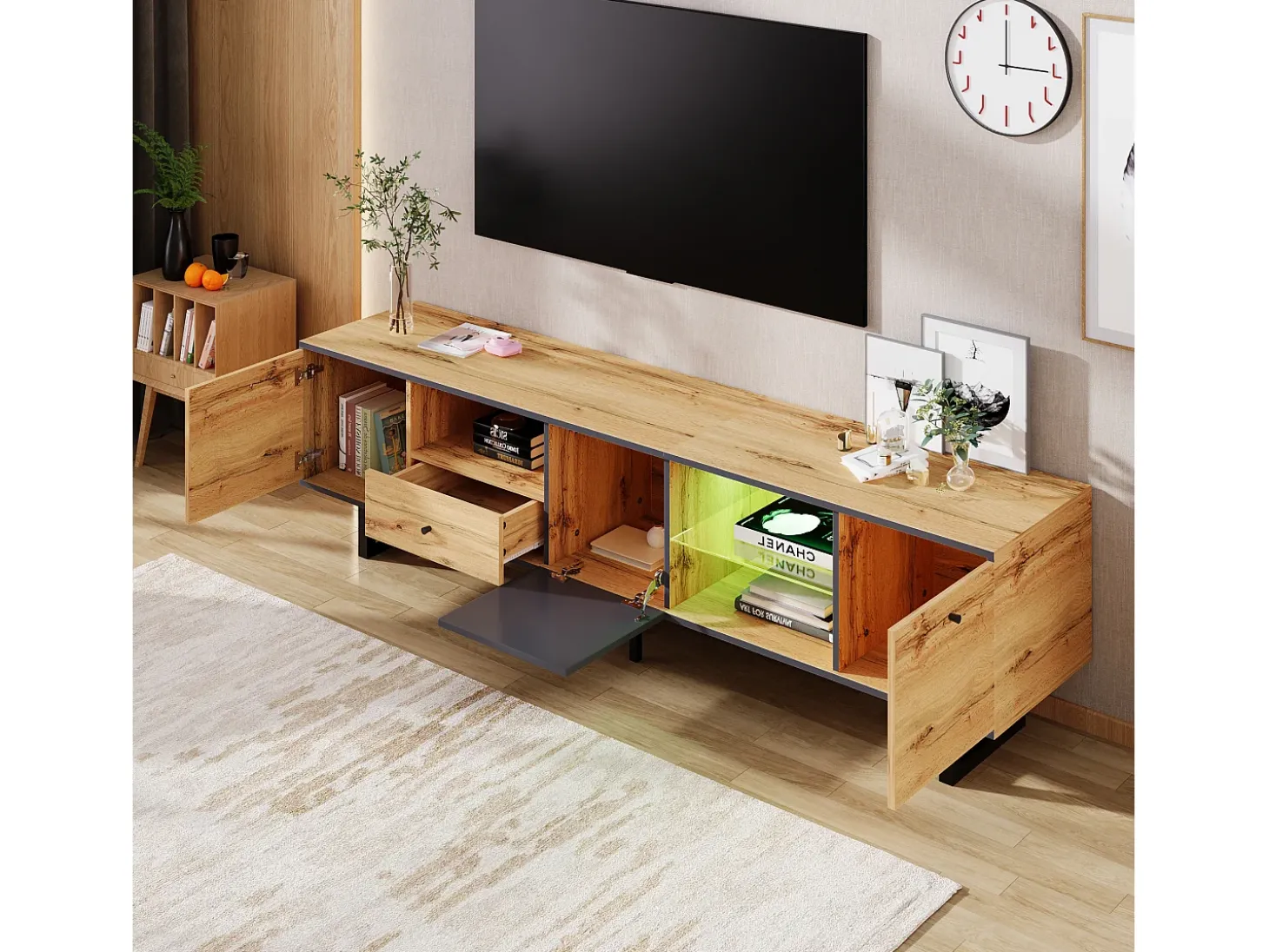 Móvel TV 190 cm com LED - 6 divisórias e 1 gaveta - Natural
