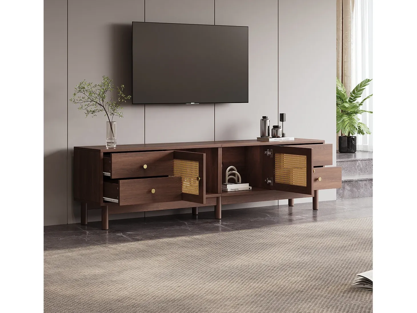 Móvel TV - com 2 portas em verga e 4 gavetas - adequado para TVs até 80" - Castanho