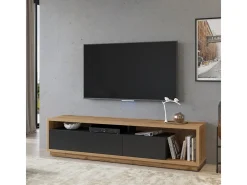 Móvel TV 3 gavetas Asten preto e madeira 200cm