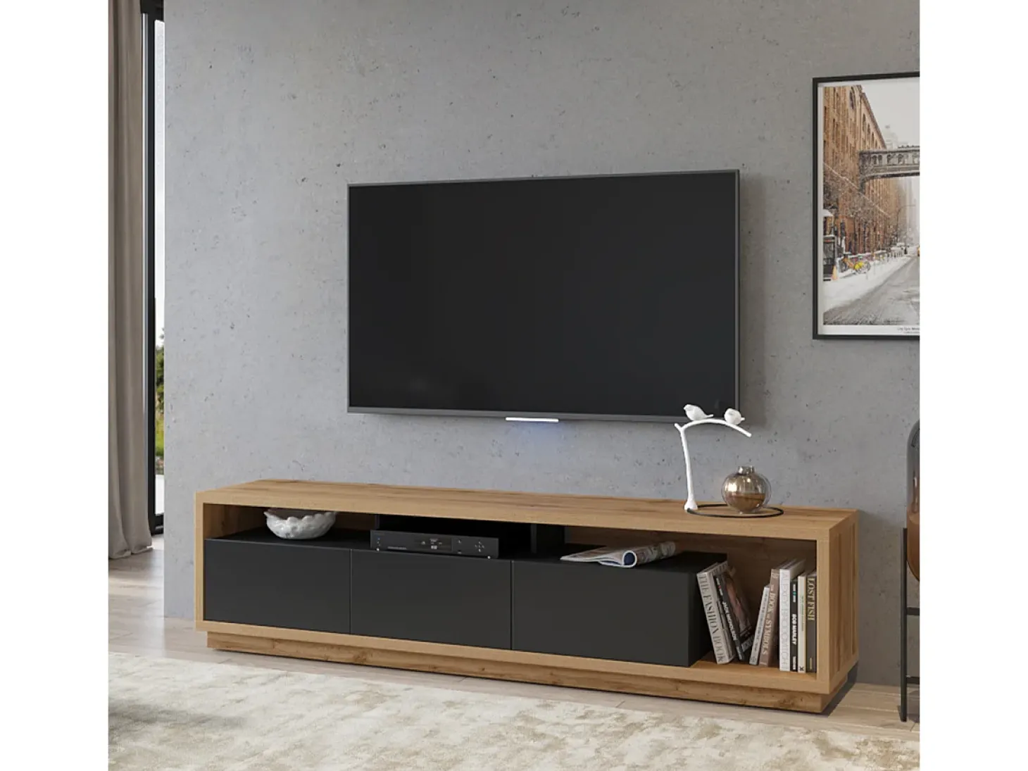 Móvel TV 3 gavetas Asten preto e madeira 200cm