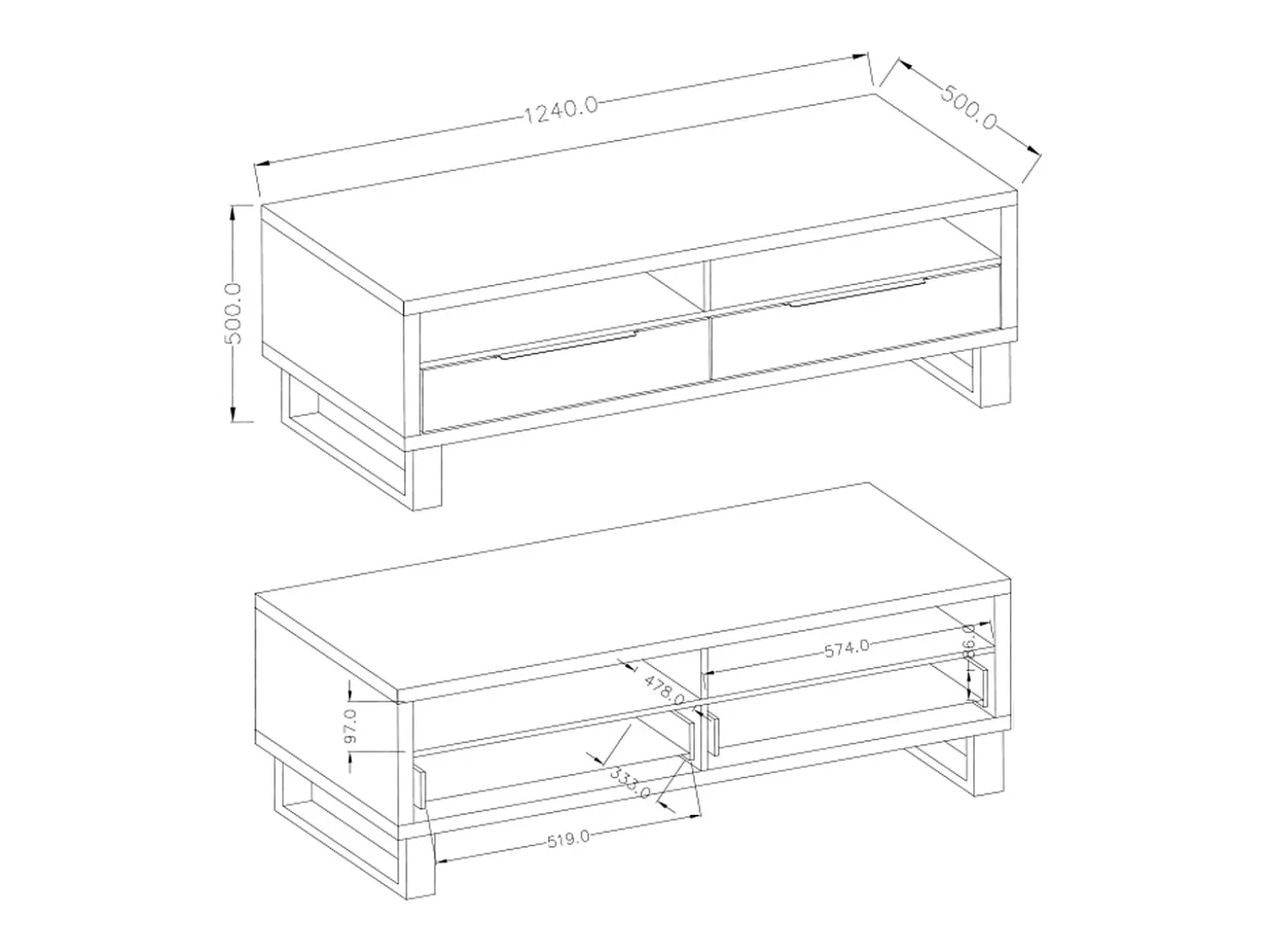 Móvel TV 2 gavetas Eden madeira e metal 124cm