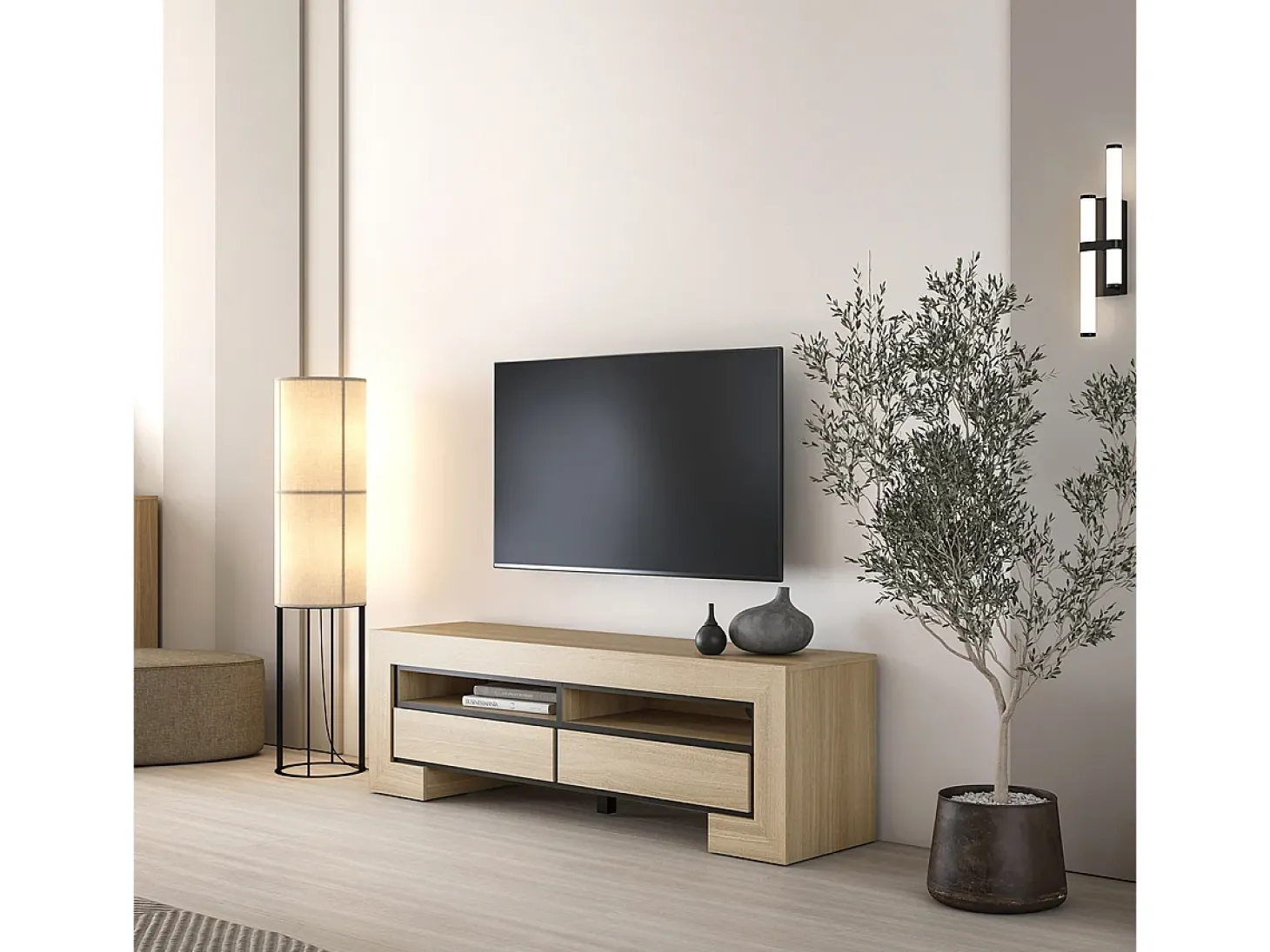 Móvel TV 2 gavetas Lucius madeira e preto 160cm