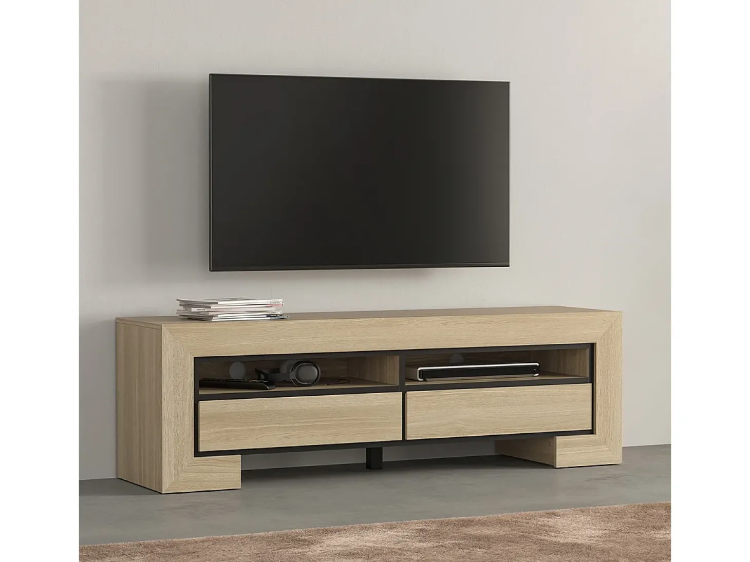 Móvel TV 2 gavetas Lucius madeira e preto 160cm