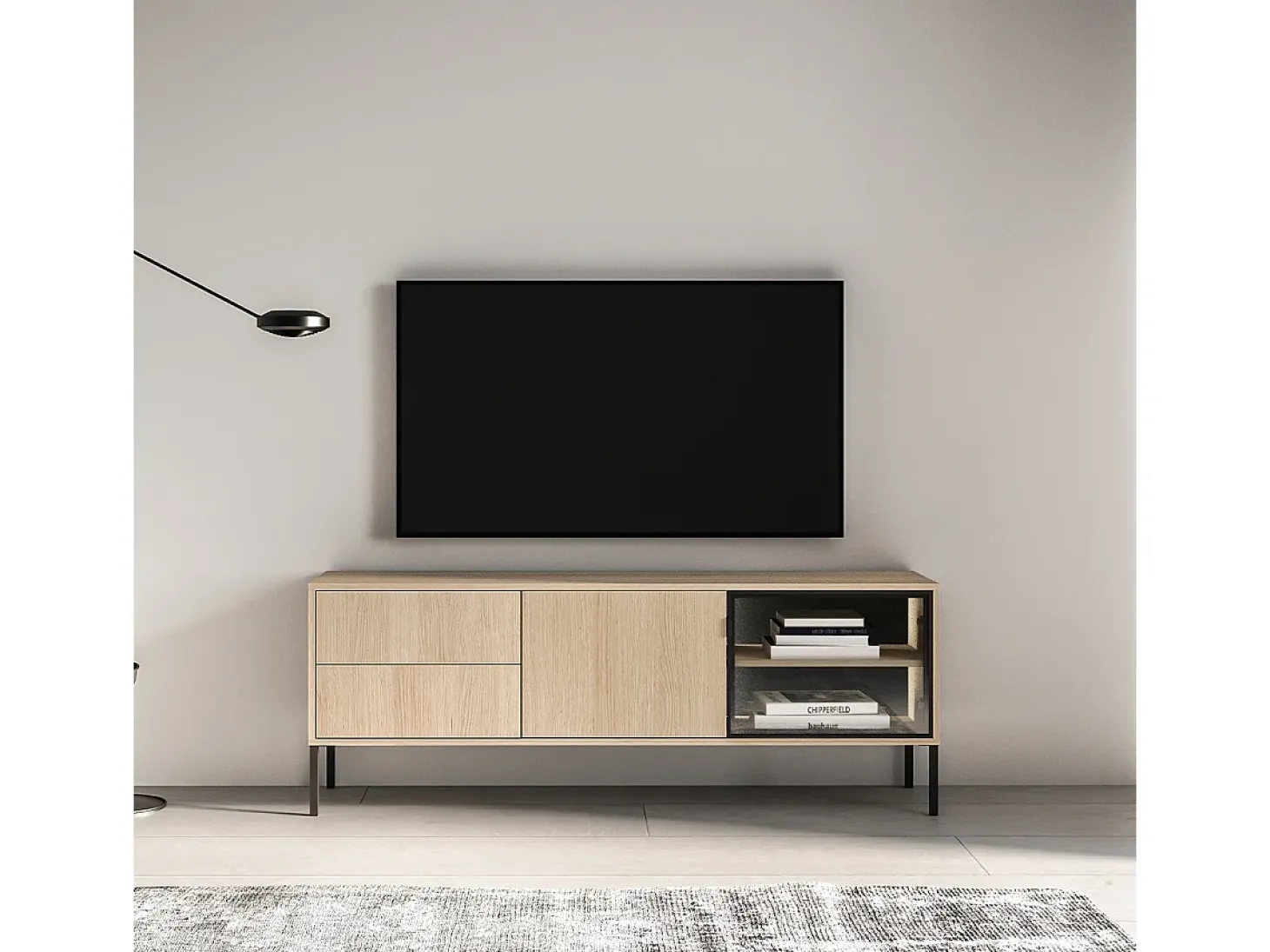Móvel TV 2 portas 2 gavetas Paige madeira e preto 160cm