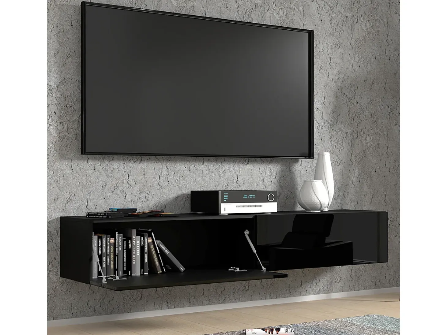 Móvel TV 2 portas Bali carroçaria em preto mate e frentes em preto brilhante 180cm