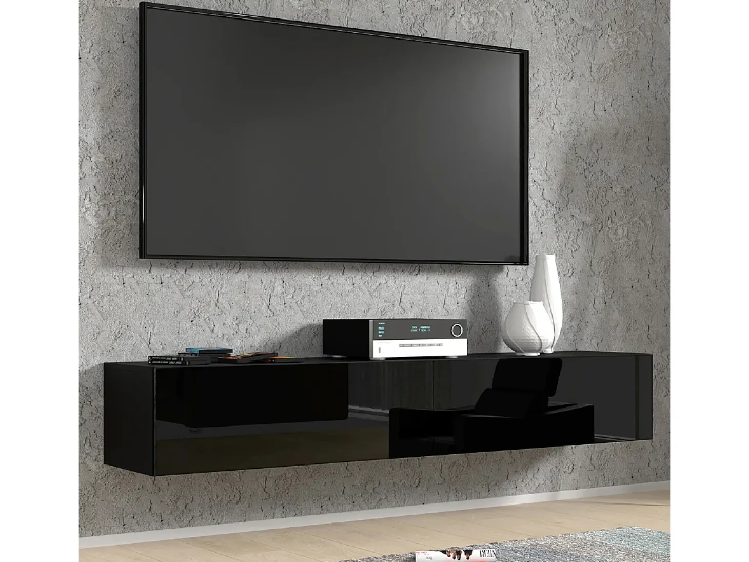 Móvel TV 2 portas Bali carroçaria em preto mate e frentes em preto brilhante 180cm