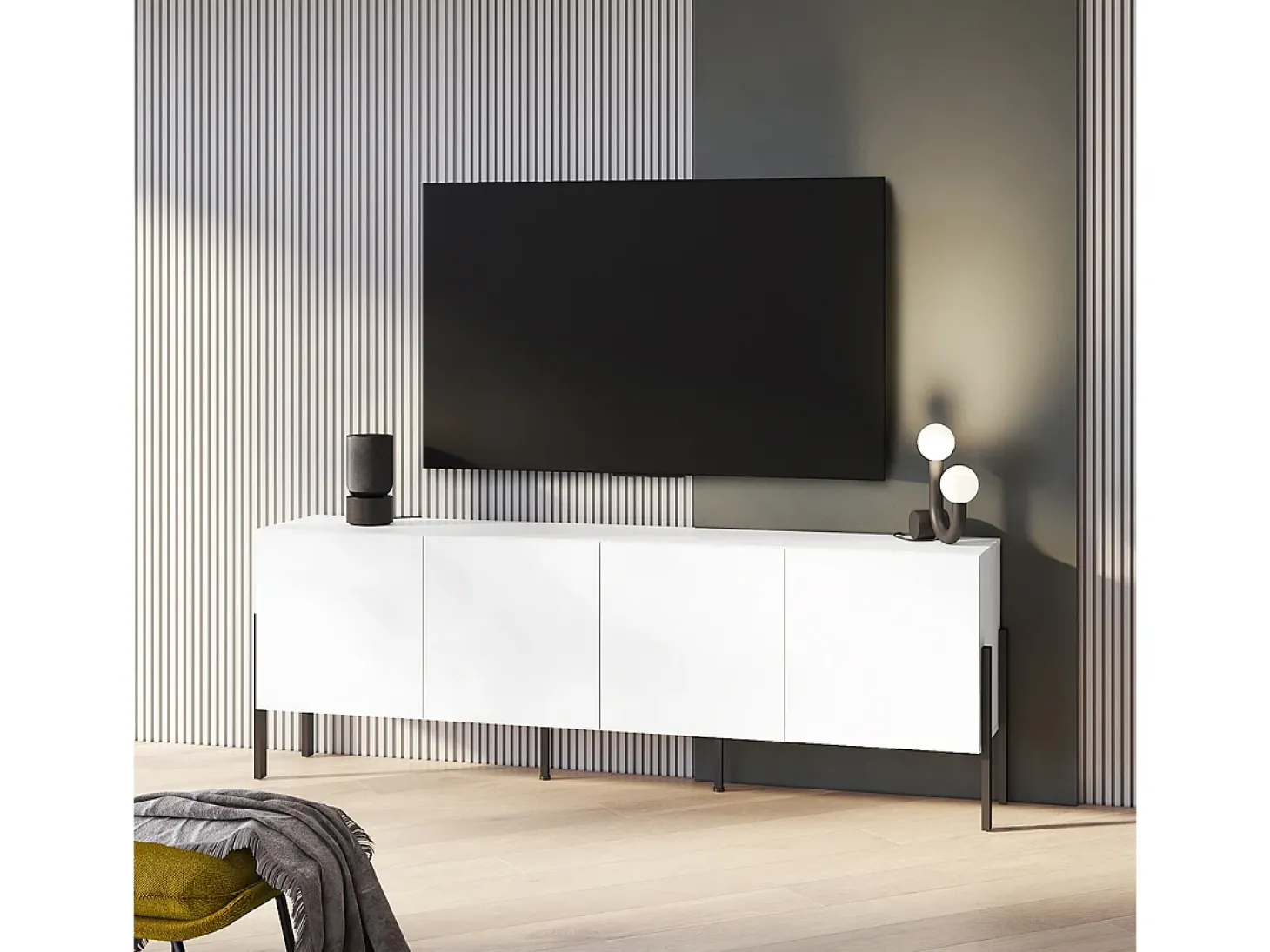 Móvel TV 4 portas Bérénice branco mate e preto 204cm