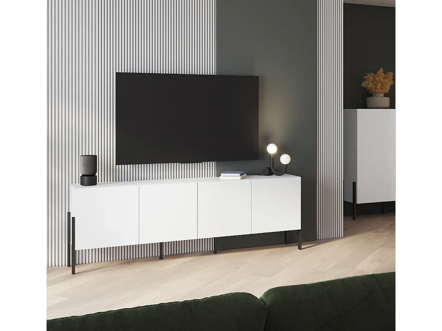Móvel TV 4 portas Bérénice branco mate e preto 204cm