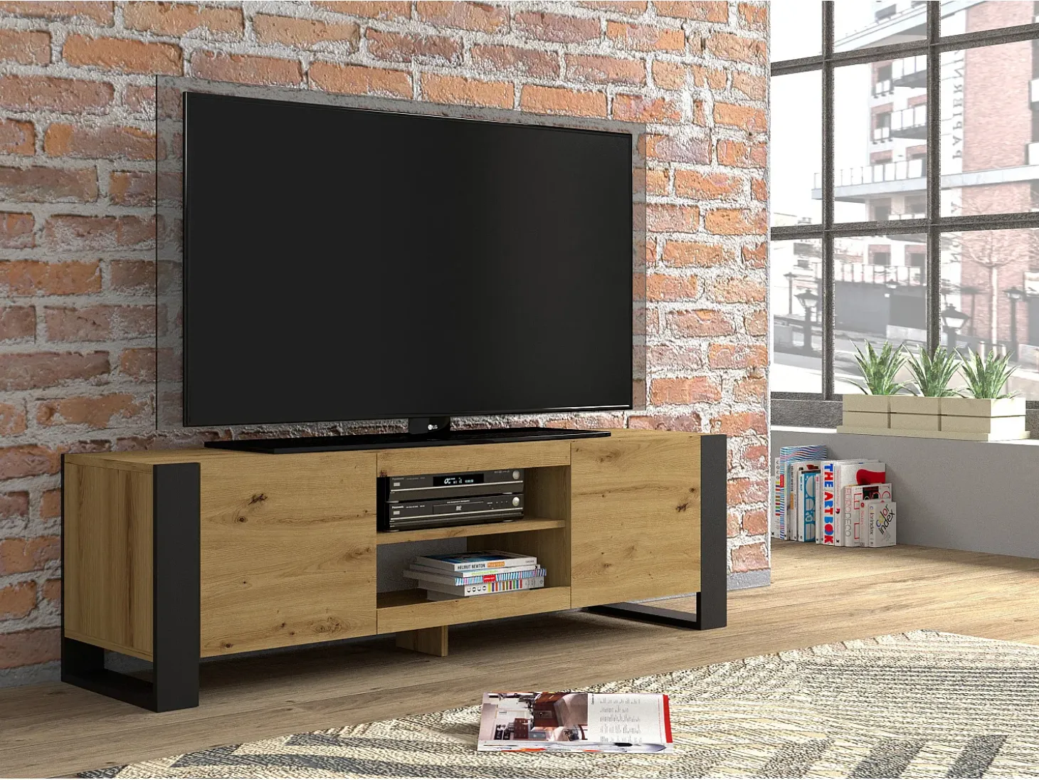 Móvel TV 2 portas Gani madeira e preto mate 158cm
