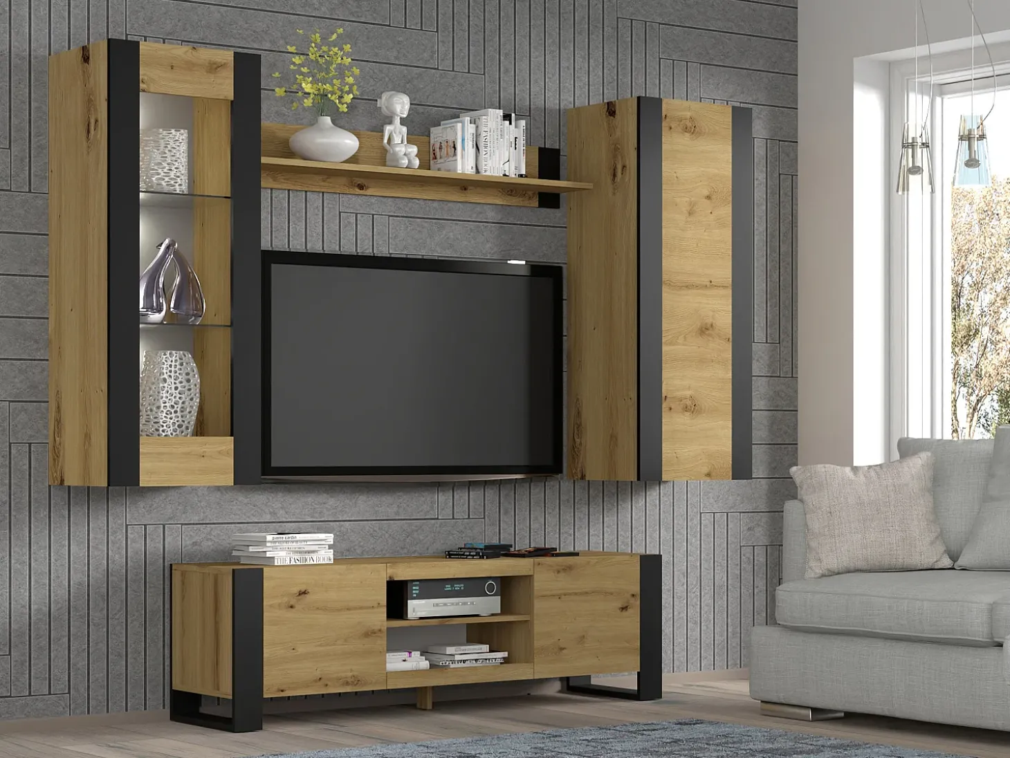 Móvel TV 2 portas Gani madeira e preto mate 158cm
