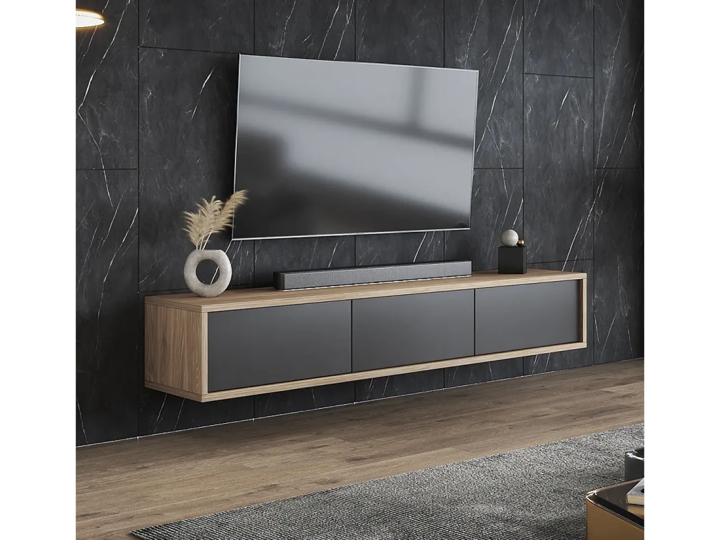 Móvel TV 3 portas Idra cinzento e madeira 180cm