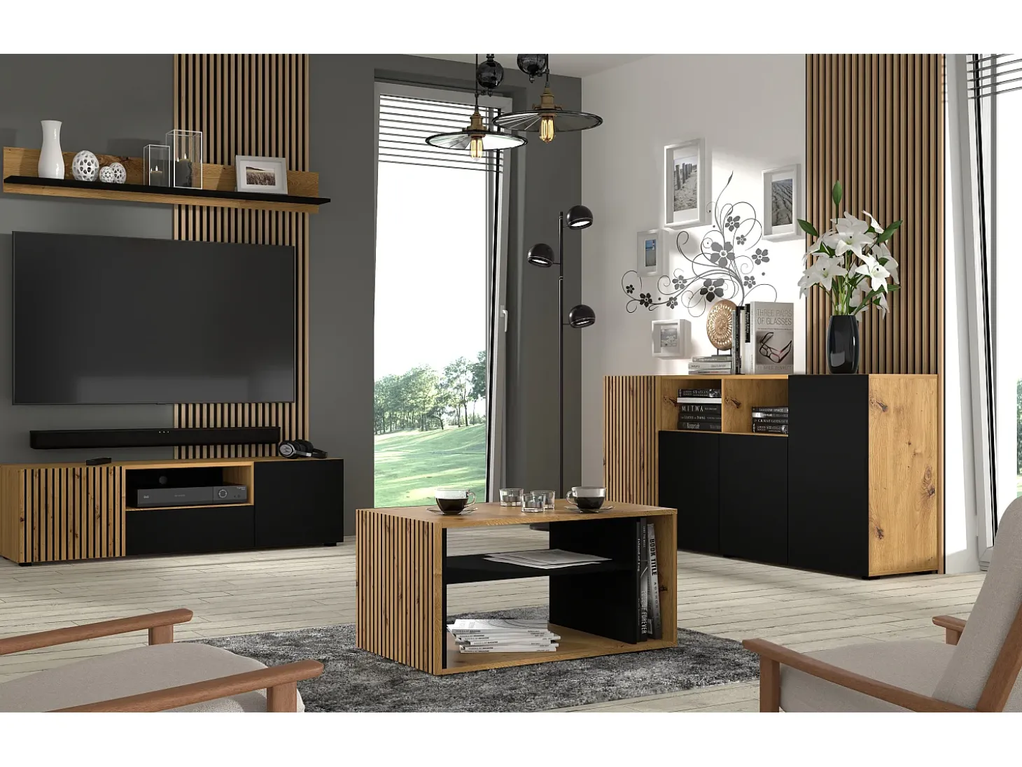 Móvel TV 3 portas Nera madeira e preto 150cm
