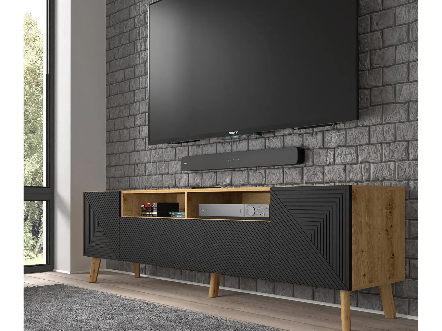 Móvel TV 3 portas Nexa madeira e preto 195cm