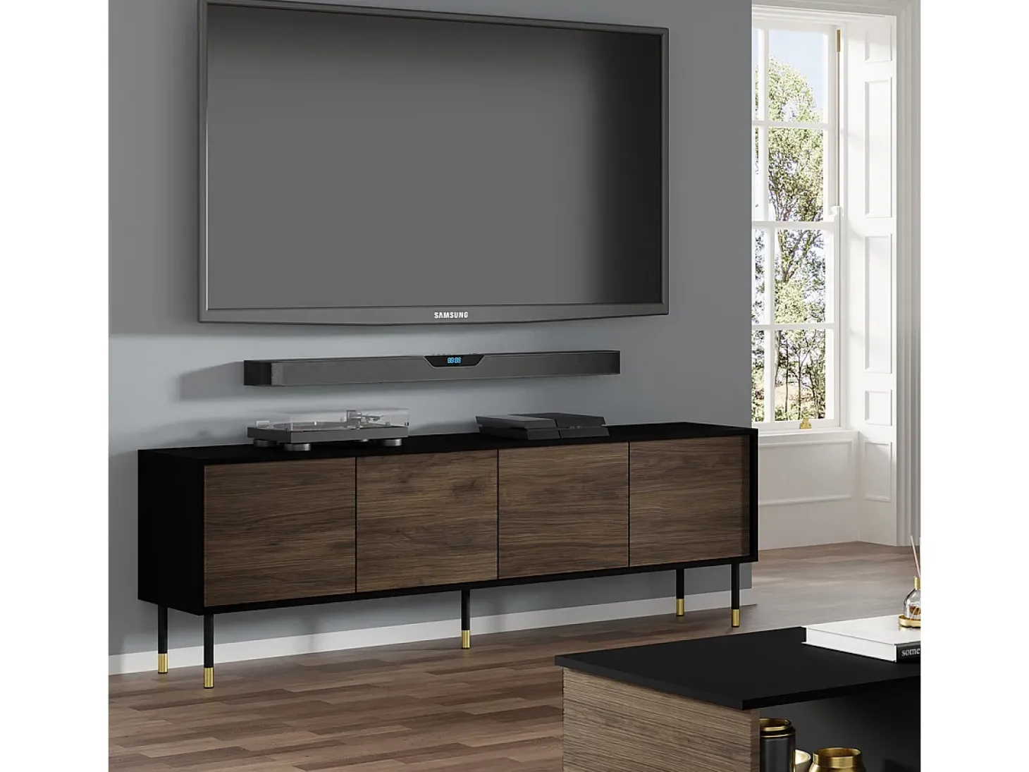 Móvel TV 4 portas Rani madeira e preto 180cm