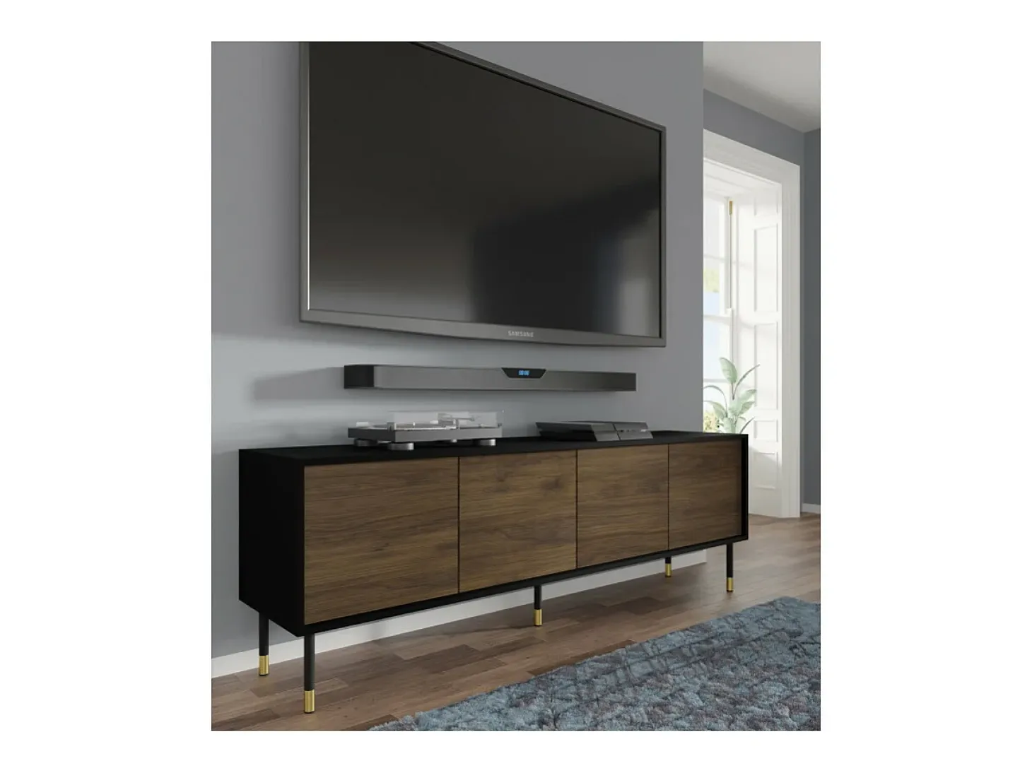 Móvel TV 4 portas Rani madeira e preto 180cm