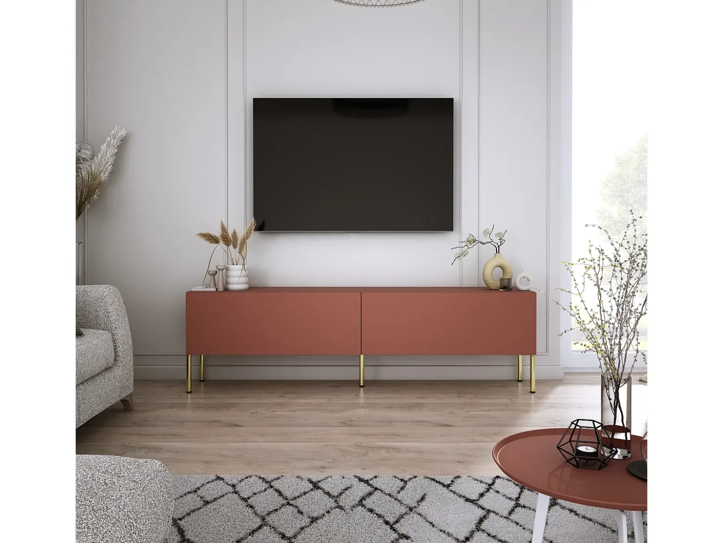 Móvel TV : Vermelho Tijolo, 140 x 52 x 32 cm, patas douradas