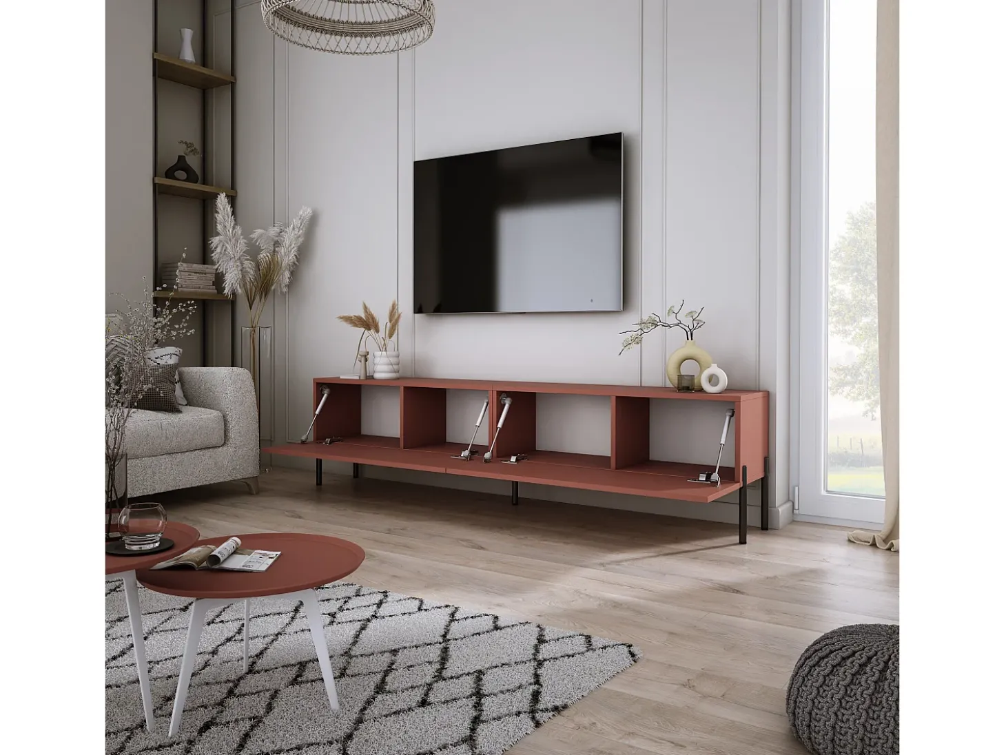 Móvel TV : Vermelho Tijolo, 170 x 52 x 32 cm, patas pretas