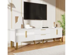 Móvel TV brilhante com 4 portas e 2 gavetas, madeira MDF, puxadores e pés dourados, estilo moderno, branco