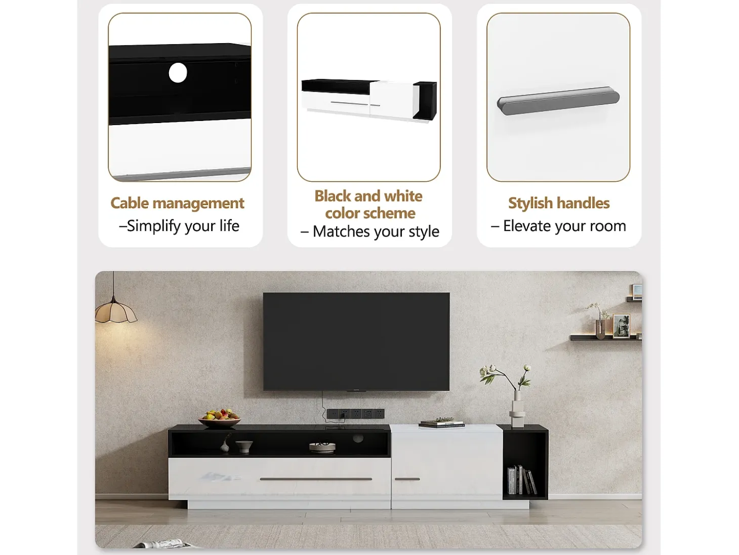 Móvel TV 170cm - 1 gaveta grande e 3 compartimentos - Branco e Preto