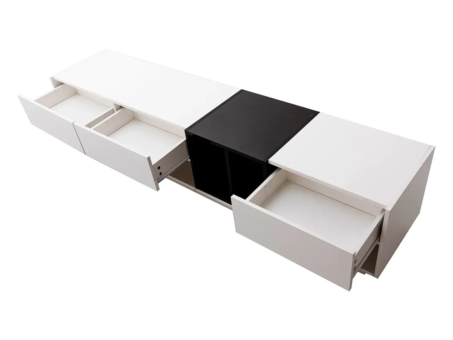 Móvel TV 190cm - 3 gavetas e 2 compartimentos - branco brilhante e preto