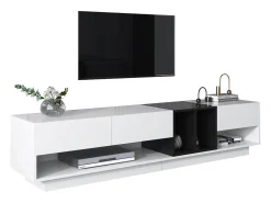 Móvel TV 190cm - 3 gavetas e 2 compartimentos - branco brilhante e preto