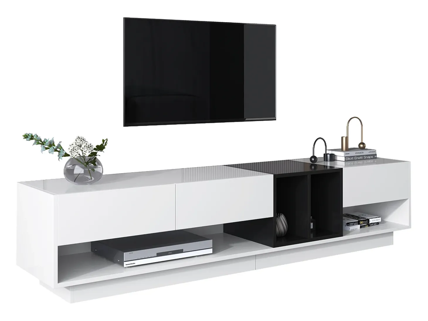 Móvel TV 190cm - 3 gavetas e 2 compartimentos - branco brilhante e preto