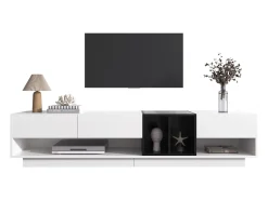 Móvel TV 190cm - 3 gavetas e 2 compartimentos - branco brilhante e preto