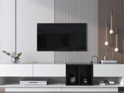 Móvel TV 190cm - 3 gavetas e 2 compartimentos - branco brilhante e preto