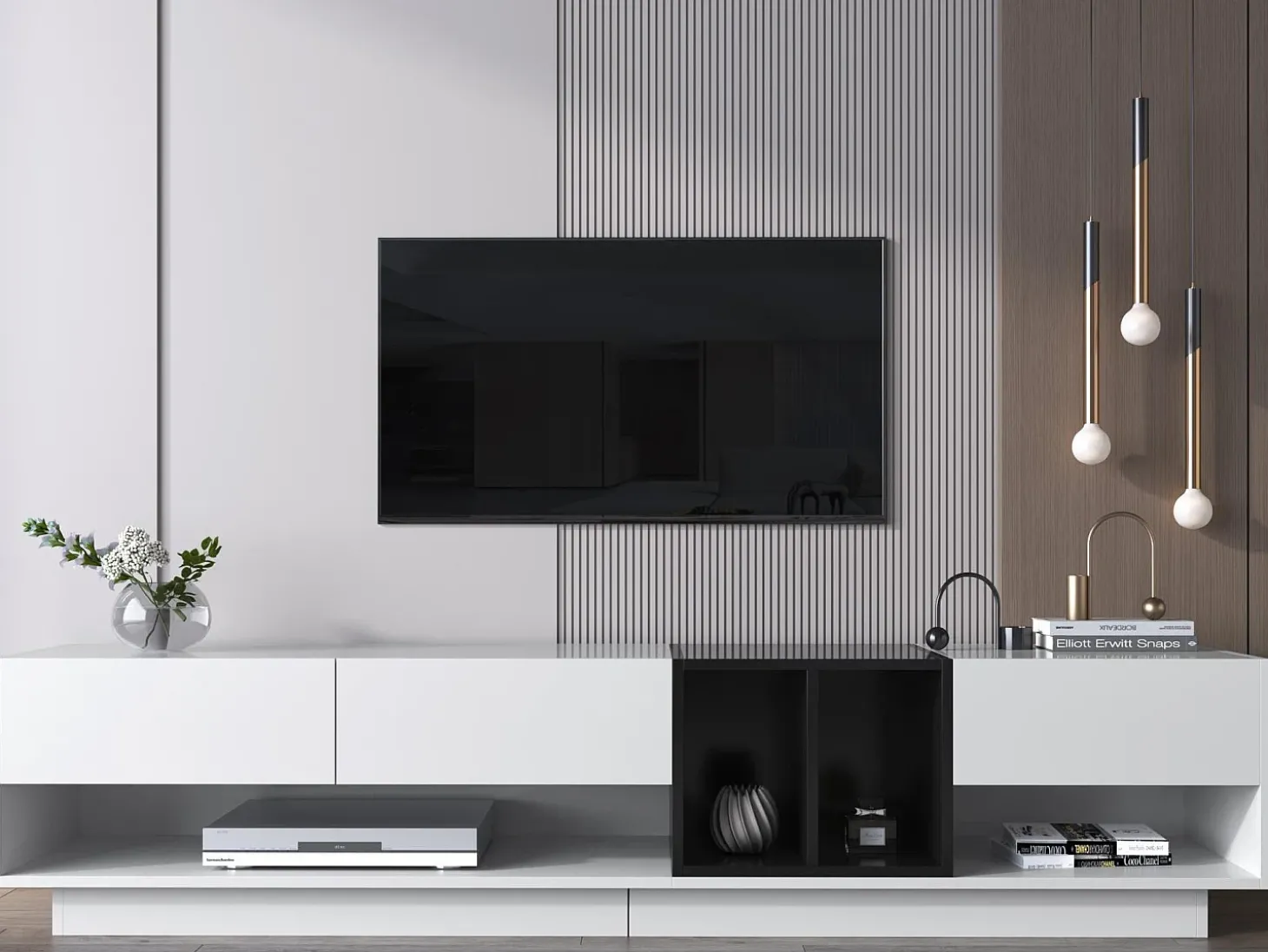 Móvel TV 190cm - 3 gavetas e 2 compartimentos - branco brilhante e preto