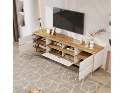 Móvel TV 175cm - 5 portas + 2 compartimentos - estilo contemporâneo - Natural & Branco