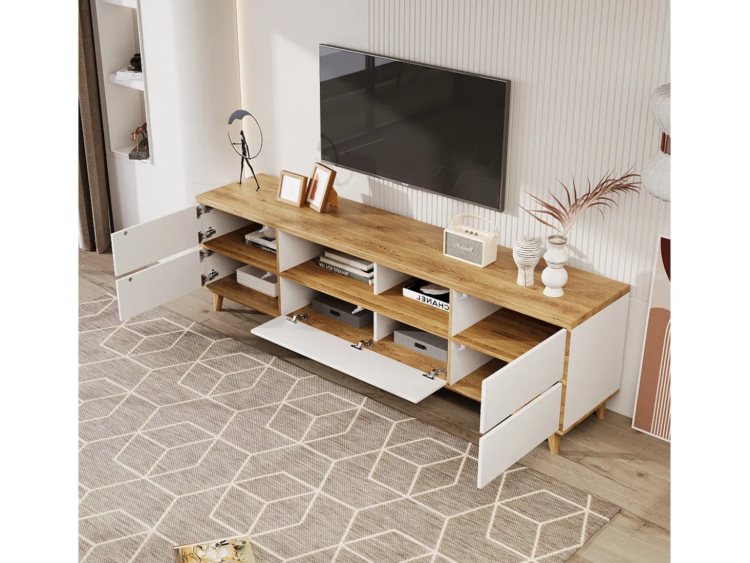 Móvel TV 175cm - 5 portas + 2 compartimentos - estilo contemporâneo - Natural & Branco