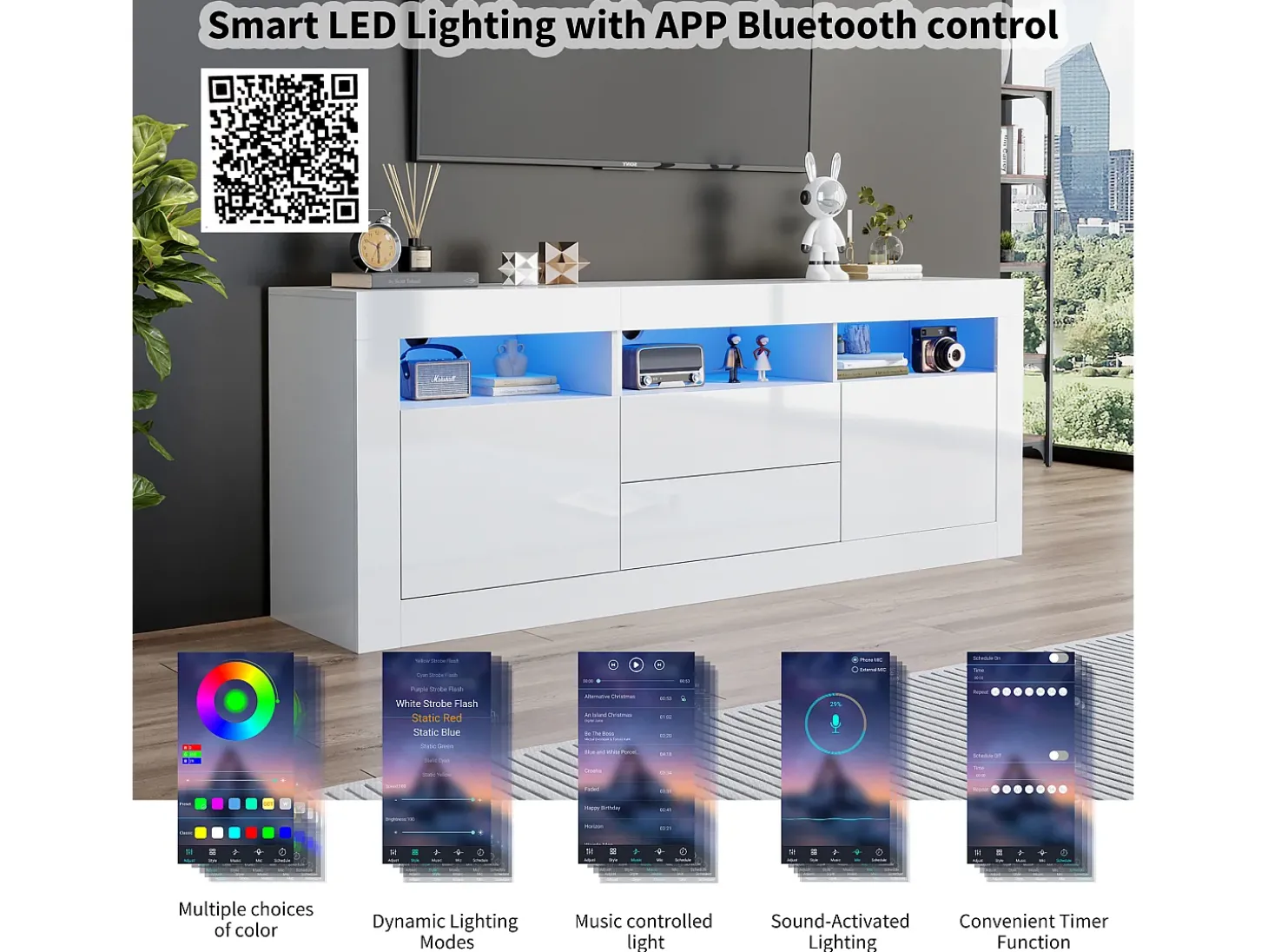 Móvel TV 160cm adequado para TV 70" - com LED - 2 portas 2 gavetas 3 compartimentos abertos - Branco