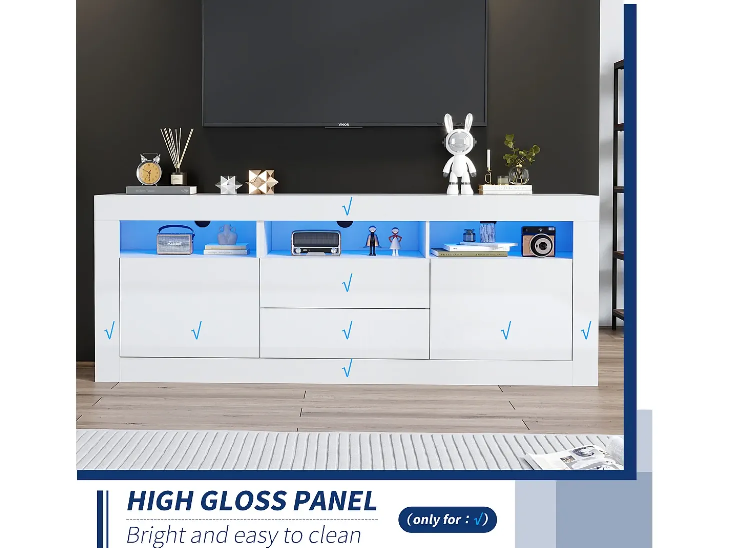 Móvel TV 160cm adequado para TV 70" - com LED - 2 portas 2 gavetas 3 compartimentos abertos - Branco