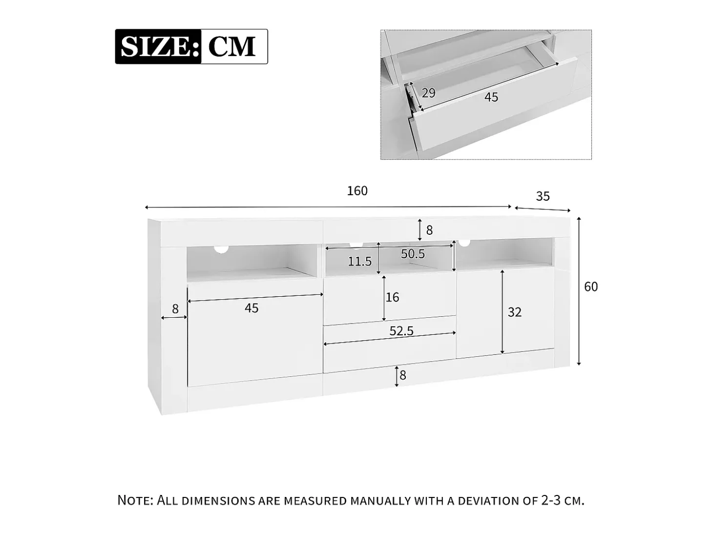 Móvel TV 160cm adequado para TV 70" - com LED - 2 portas 2 gavetas 3 compartimentos abertos - Branco