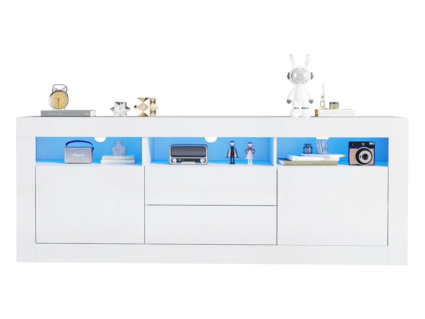 Móvel TV 160cm adequado para TV 70" - com LED - 2 portas 2 gavetas 3 compartimentos abertos - Branco