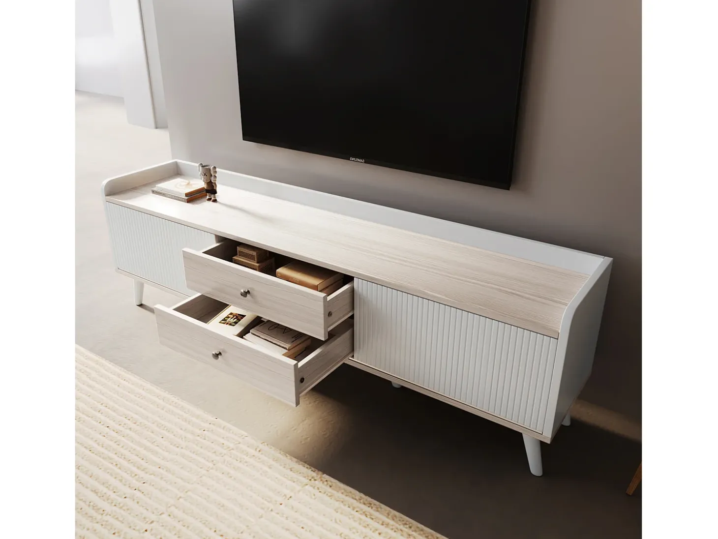 Móvel TV 160cm com 2 gavetas e 2 portas de correr - Branco & Natural