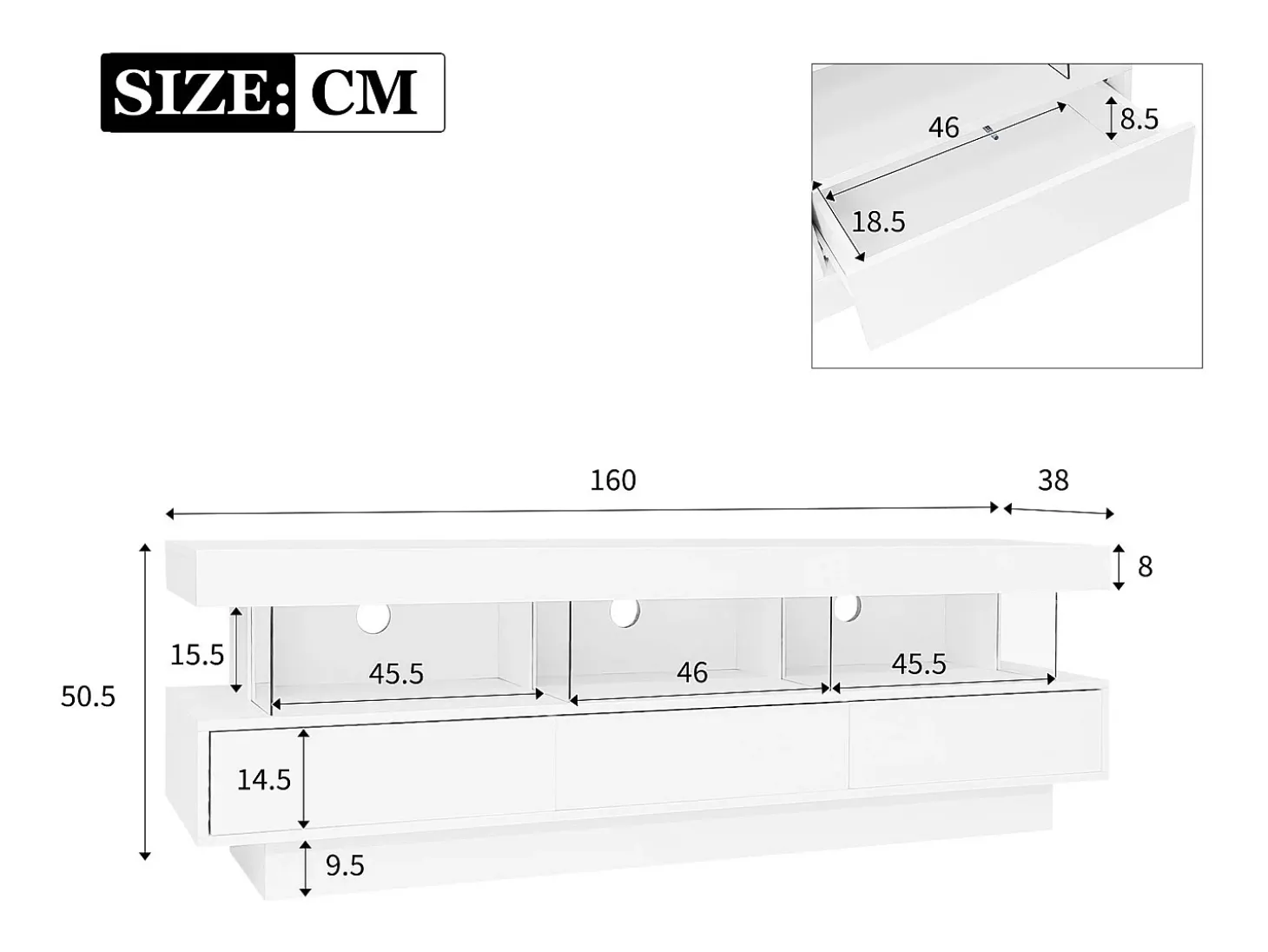Móvel TV 160cm com LED - 3 compartimentos em vidro - Controlado por APP - adequado para TV 70" - Branco