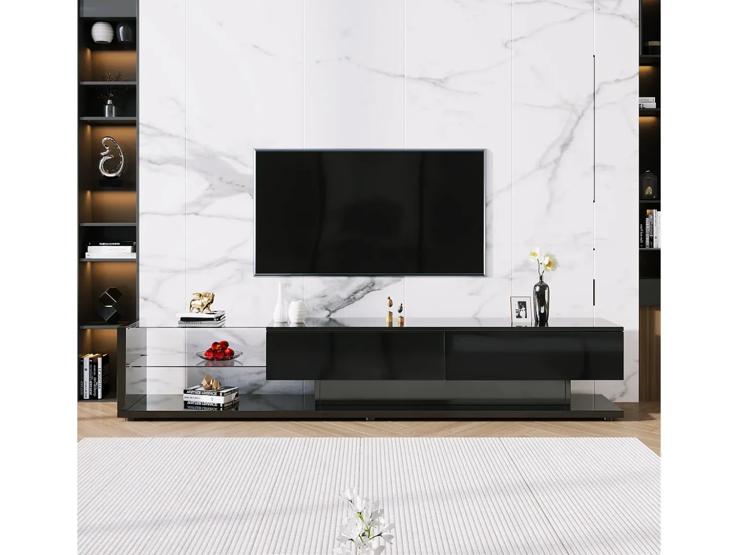 Móvel TV 170cm com LED e divisória em vidro - 2 gavetas - Preto