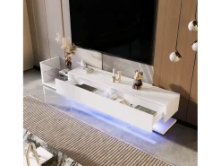 Móvel TV 170cm com LED e divisória em vidro - 2 gavetas - Branco