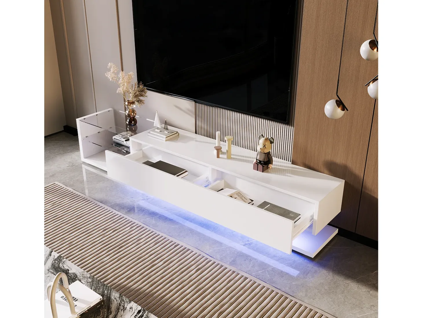 Móvel TV 170cm com LED e divisória em vidro - 2 gavetas - Branco