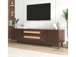 Móvel TV 170cm em madeira maciça e rotin - 2 tiroirs e 2 portes - estilo campagnard - castanho