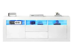 Móvel TV com 3 compartimentos abertos, 2 portas e 2 gavetas - 160 x 35 x 60 cm - Aglomerado - LEDs - Branco brilhante