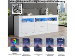 Móvel TV com 3 compartimentos abertos, 2 portas e 2 gavetas - 160 x 35 x 60 cm - Aglomerado - LEDs - Branco brilhante