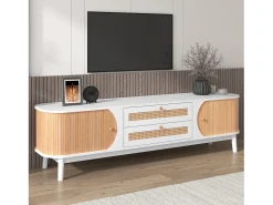 Móvel TV com 2 gavetas e 2 portas de correr, aglomerado, efeito rattan, branco e natural