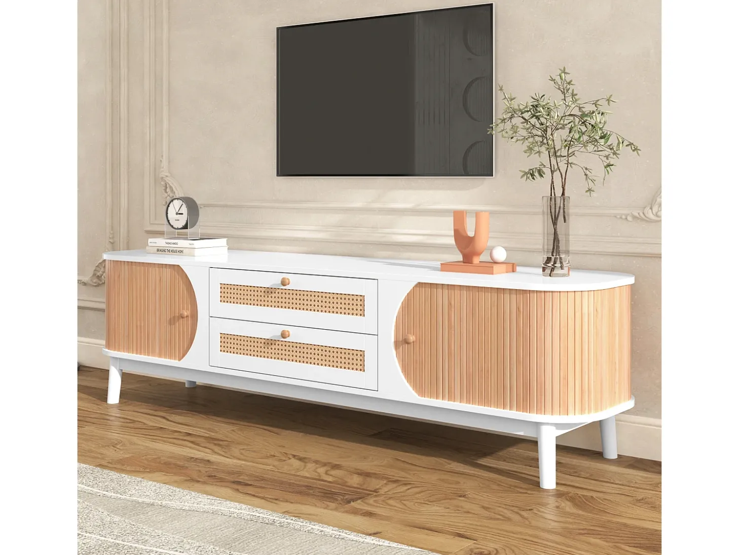 Móvel TV com 2 gavetas e 2 portas de correr, aglomerado, efeito rattan, branco e natural