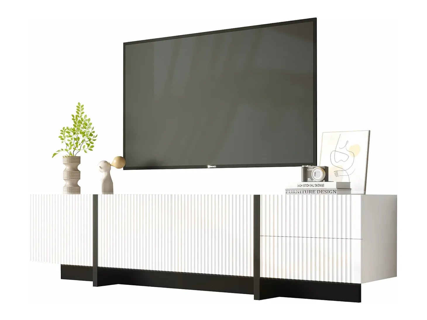 Móvel TV com 2 gavetas e 3 portas - 190 x 35 x 45 cm - Madeira MDF e aglomerado - Branco + preto